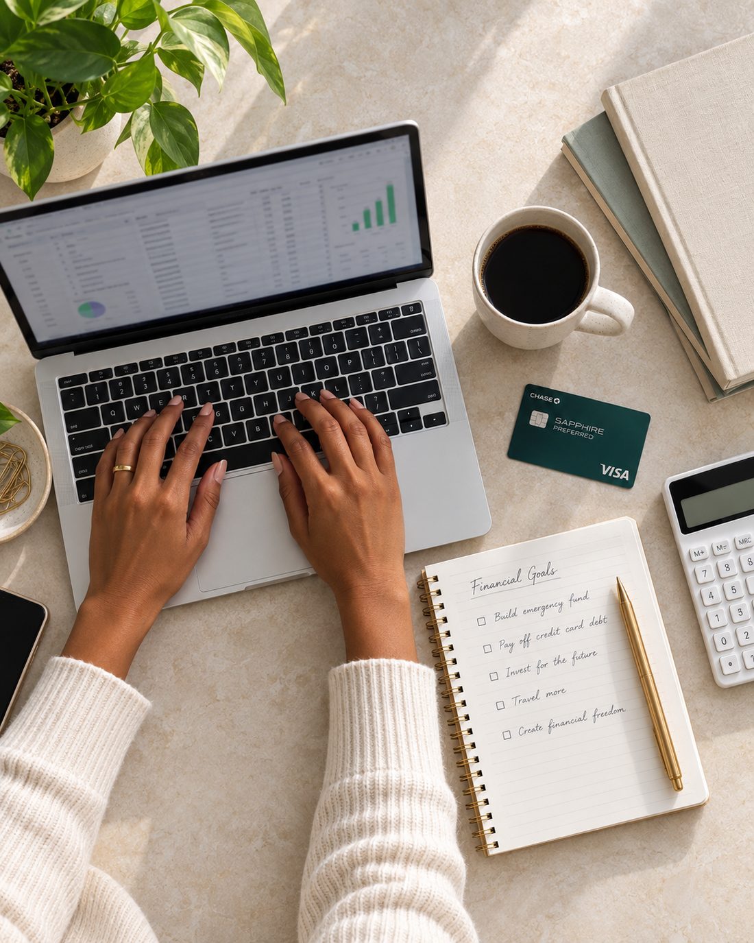 Overhead view of hands on a laptop next to a notebook of financial goals