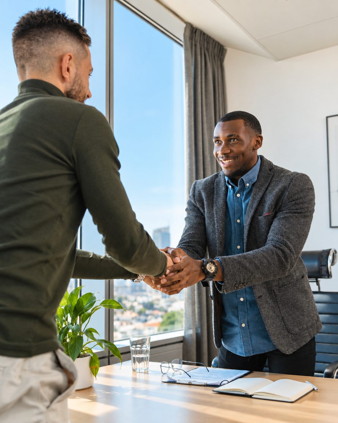 Two people shaking hands in an office after an interview