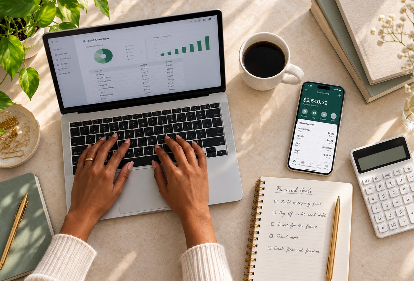 Overhead desk view of a laptop budget dashboard, a banking app, and a notebook of financial goals