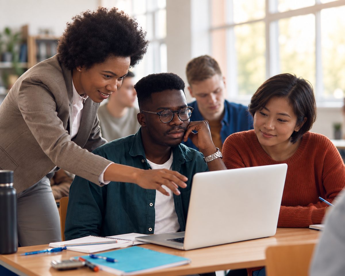 An instructor pointing something out on a laptop screen to a small group of students
