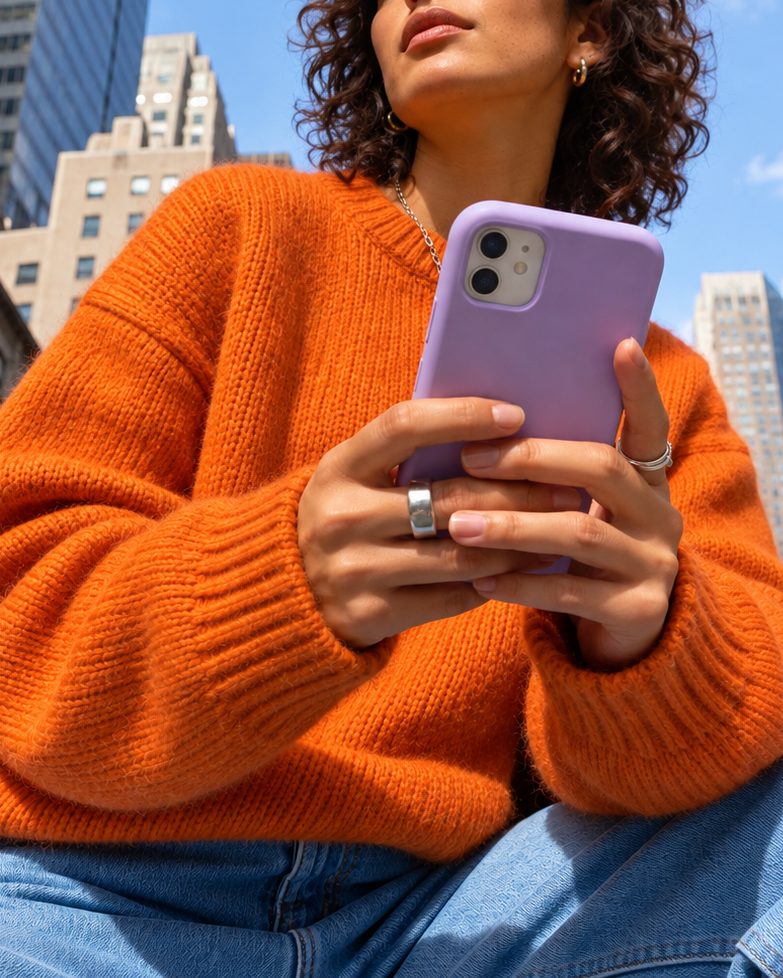 A woman using a smartphone outdoors among city buildings